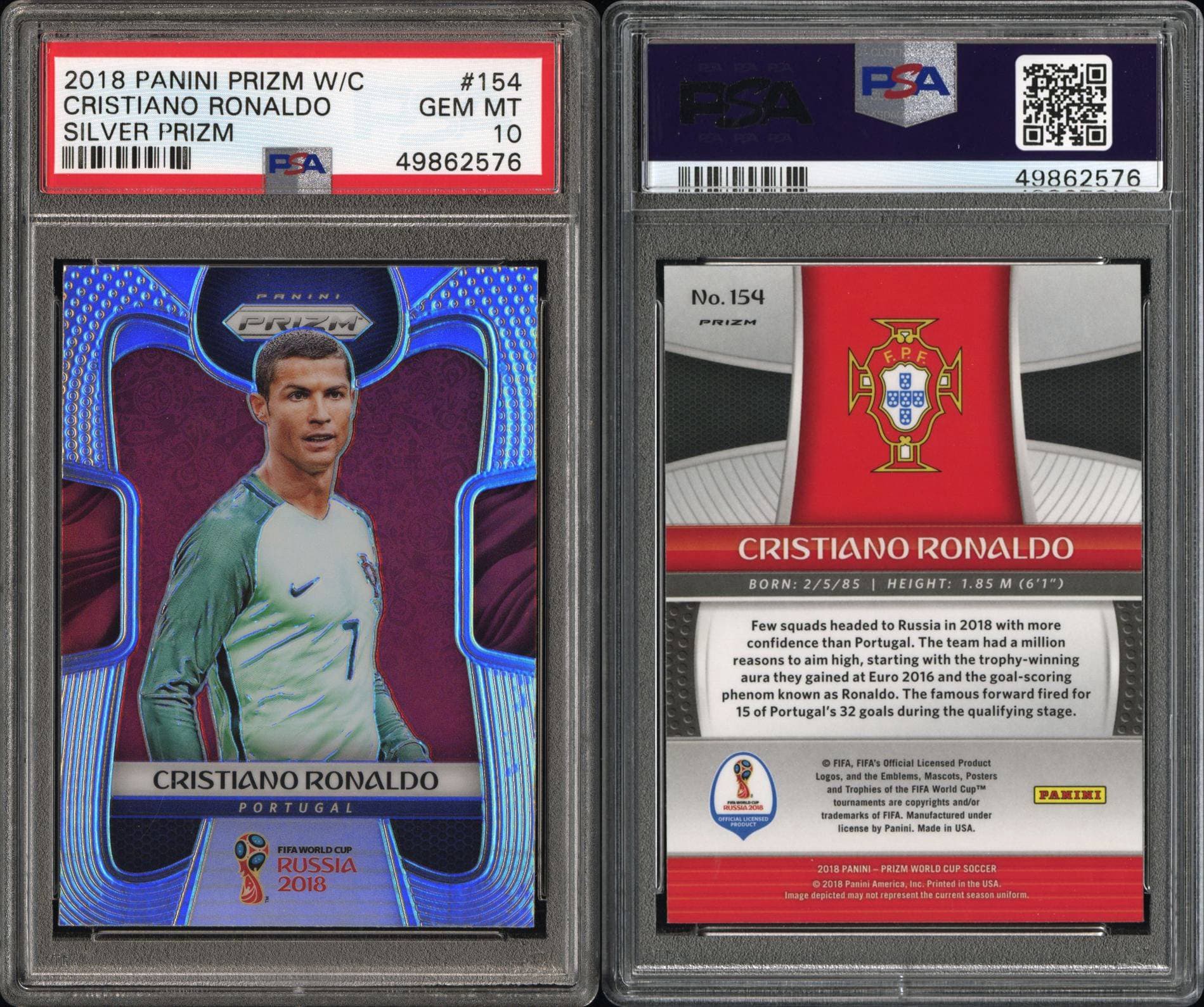Cristiano Ronaldo 2018 Panini Prizm World Cup Silver Prizm — PSA GEM MT 10