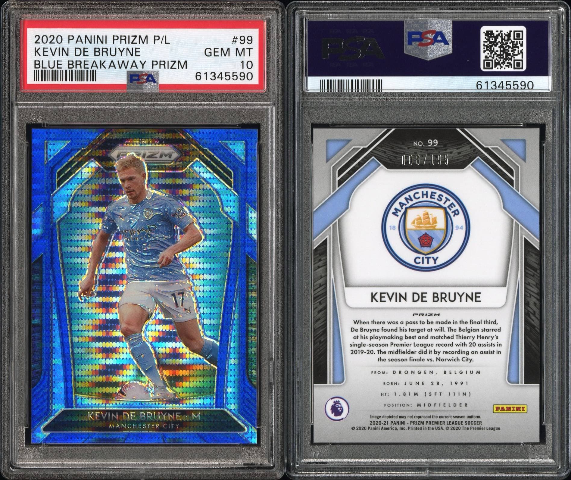 Kevin De Bruyne 2020 Panini Prizm Premier League Blue Breakaway Prizm — PSA GEM MT 10